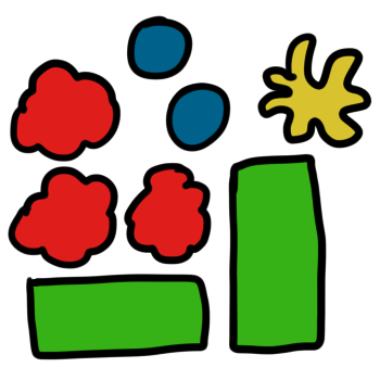 a collection of many different shapes, three red cloud-like-blobs, one yellow 'splat' blob, two blue circles, and two large green rectangles.